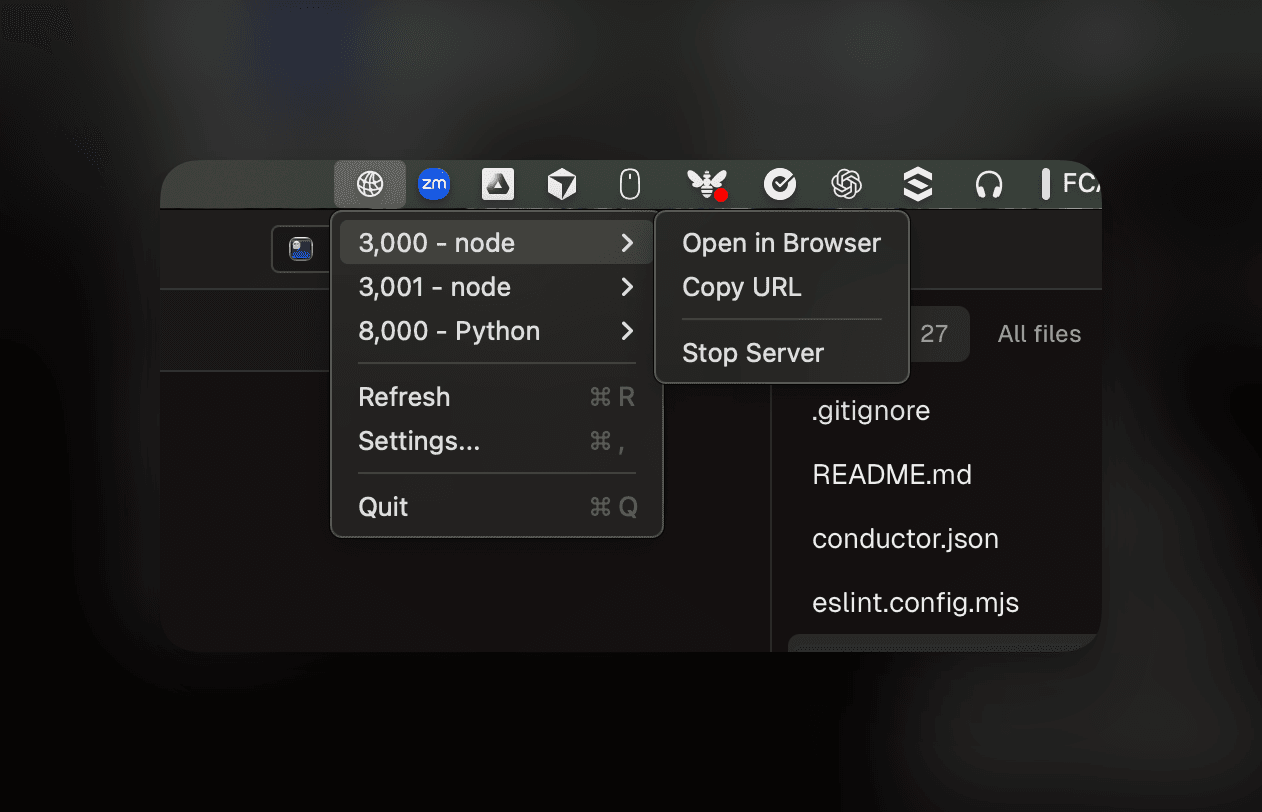 WhatThePort screenshot showing ports 3000, 3001, and 8000 with node and Python processes